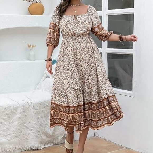 Floral Boho Peasant Style Off-shoulder Dress Szs 3XL NWT